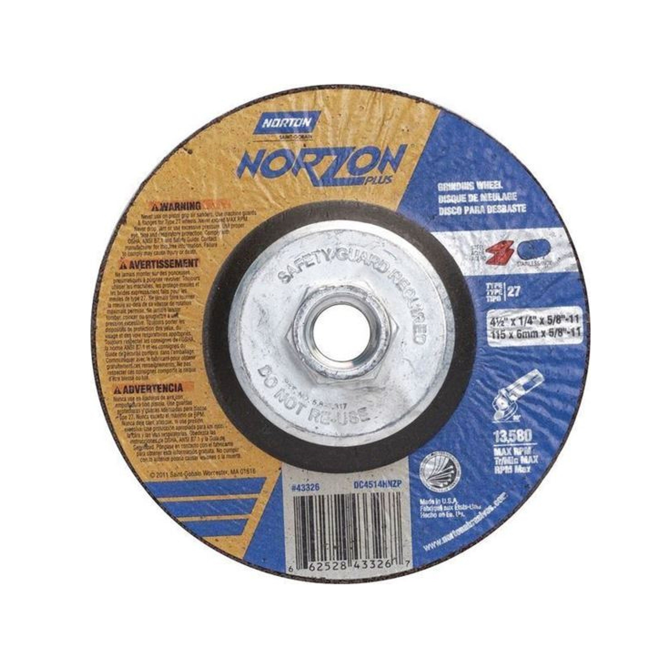 NorZon Plus SGZ CA Type 27 Grinding Wheel  4-1/2 x 1/4 x 5/8-11