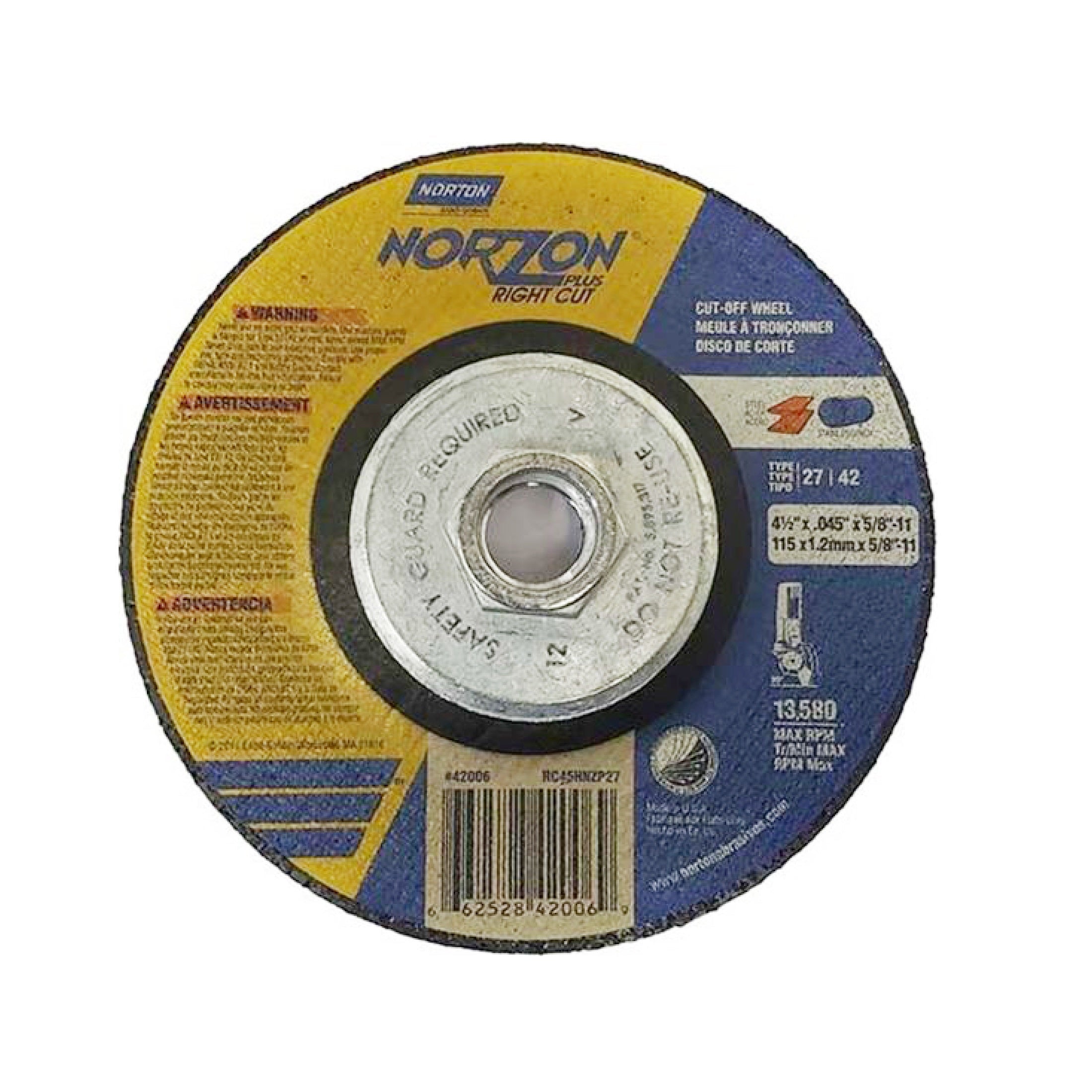 Norzon Plus RightCut SGZ CA Type 27/42 Cutting Wheel  4-1/2 x .045 x 5/8-11