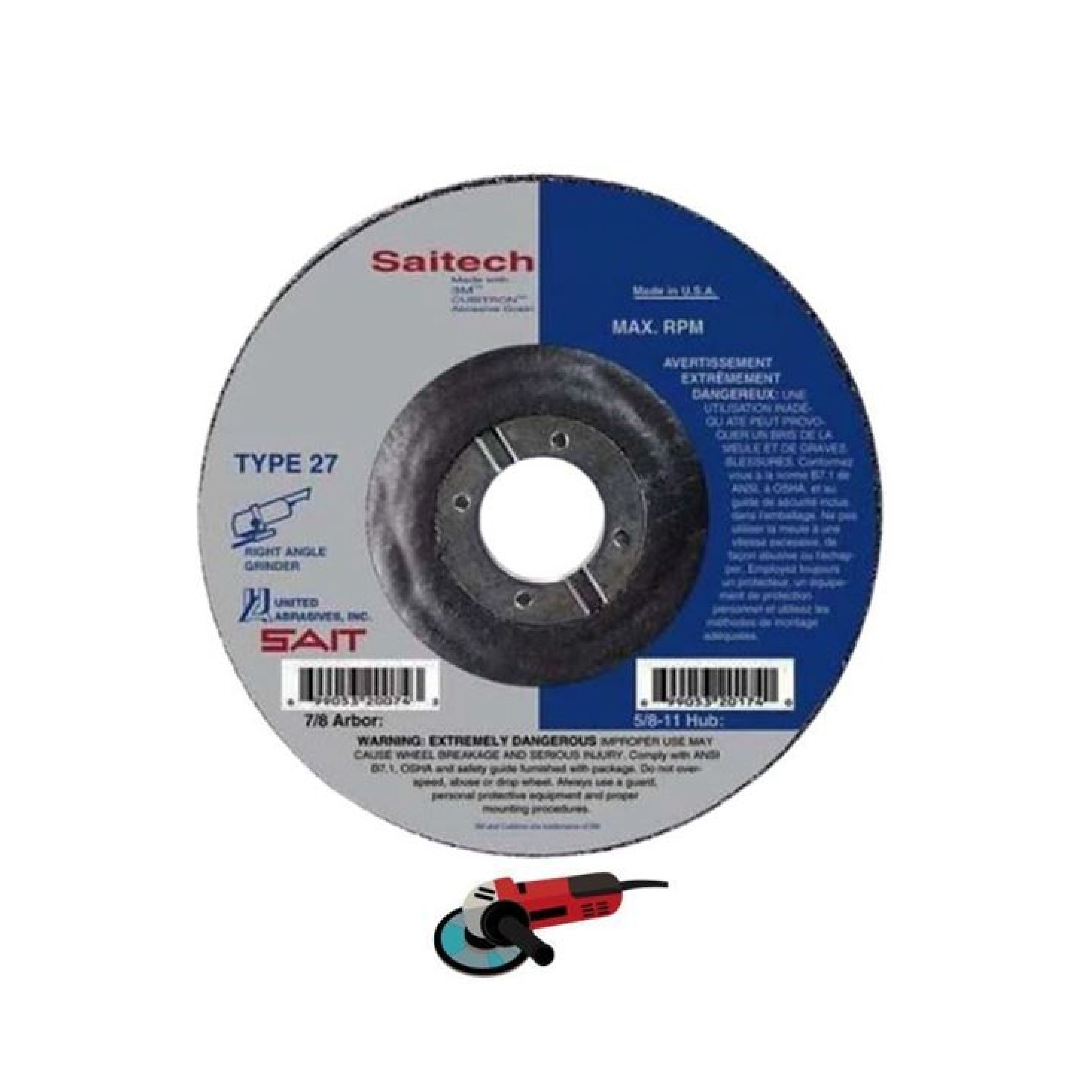 Sait 20047 T27 A24N Aluminum Oxide Grinding Wheel 5" x 1/4" x 7/8"