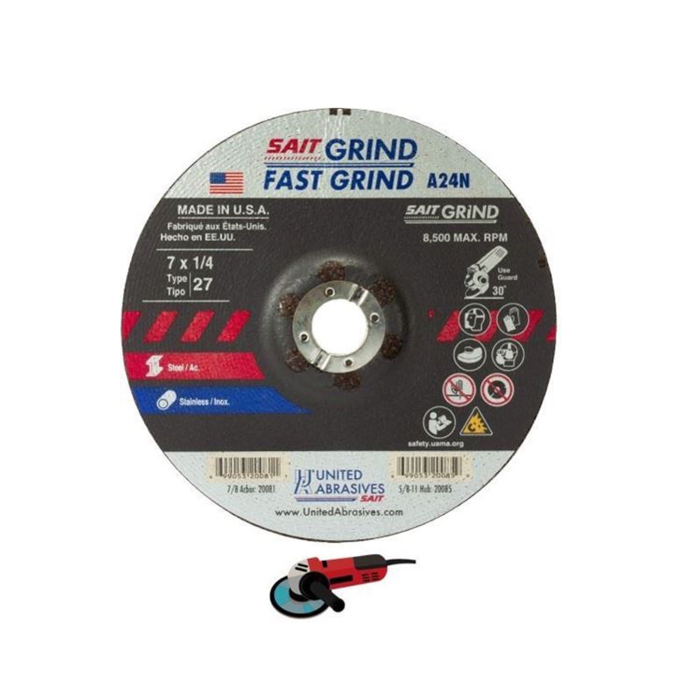 Sait 20081 T27 A24N Aluminum Oxide Grinding Wheel 7" x 1/4" x 7/8", 24 Grit